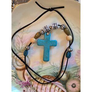 Turquoise Blue Howlite Cross Pendant Necklace With Beaded Accents & Adjustable C